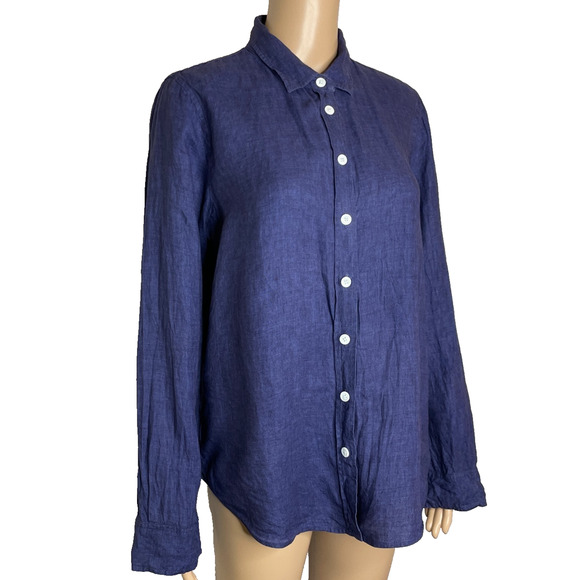 Women's Medium Trenery Navy Blue 100% French Linen Button Down Shirt - Picture 2 of 6